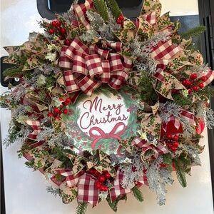 Festive Christmas Wreath with Red Plaid Bows